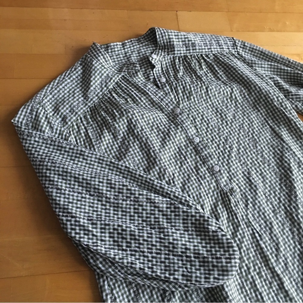 Green + White Gingham Blouse, Statement Sleeves, Size XS/S